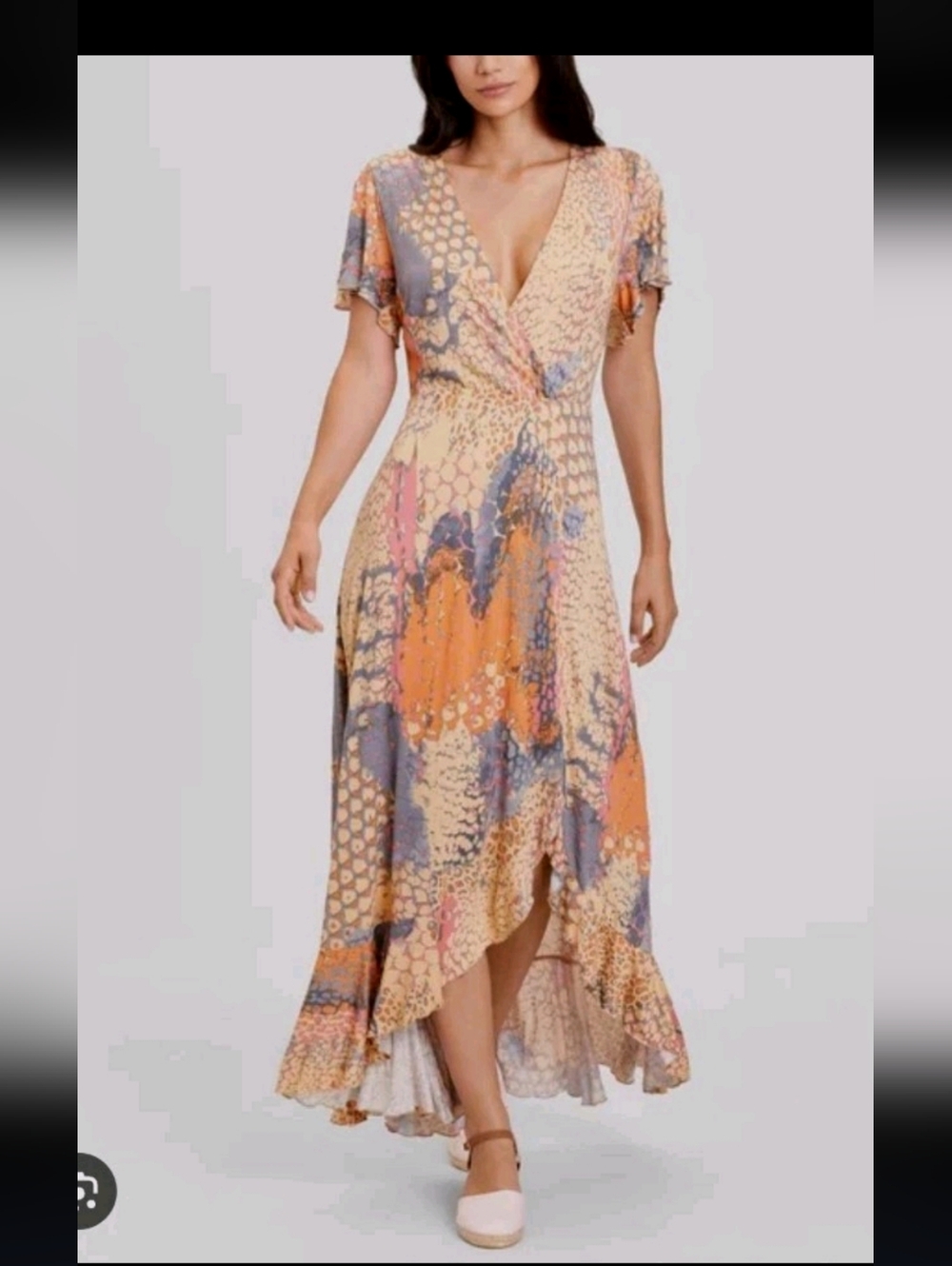 Lascana Maxi Dress — Multi-printed orange asymmetrical Ruffles side slit sz M.